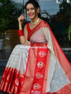 Banarasee Semi Silk Sari With Meena Border & Buti Design -Off White & Red