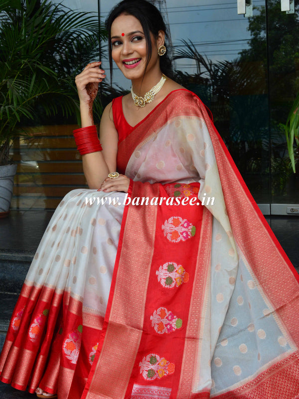Banarasee Semi Silk Sari With Meena Border & Buti Design -Off White & Red