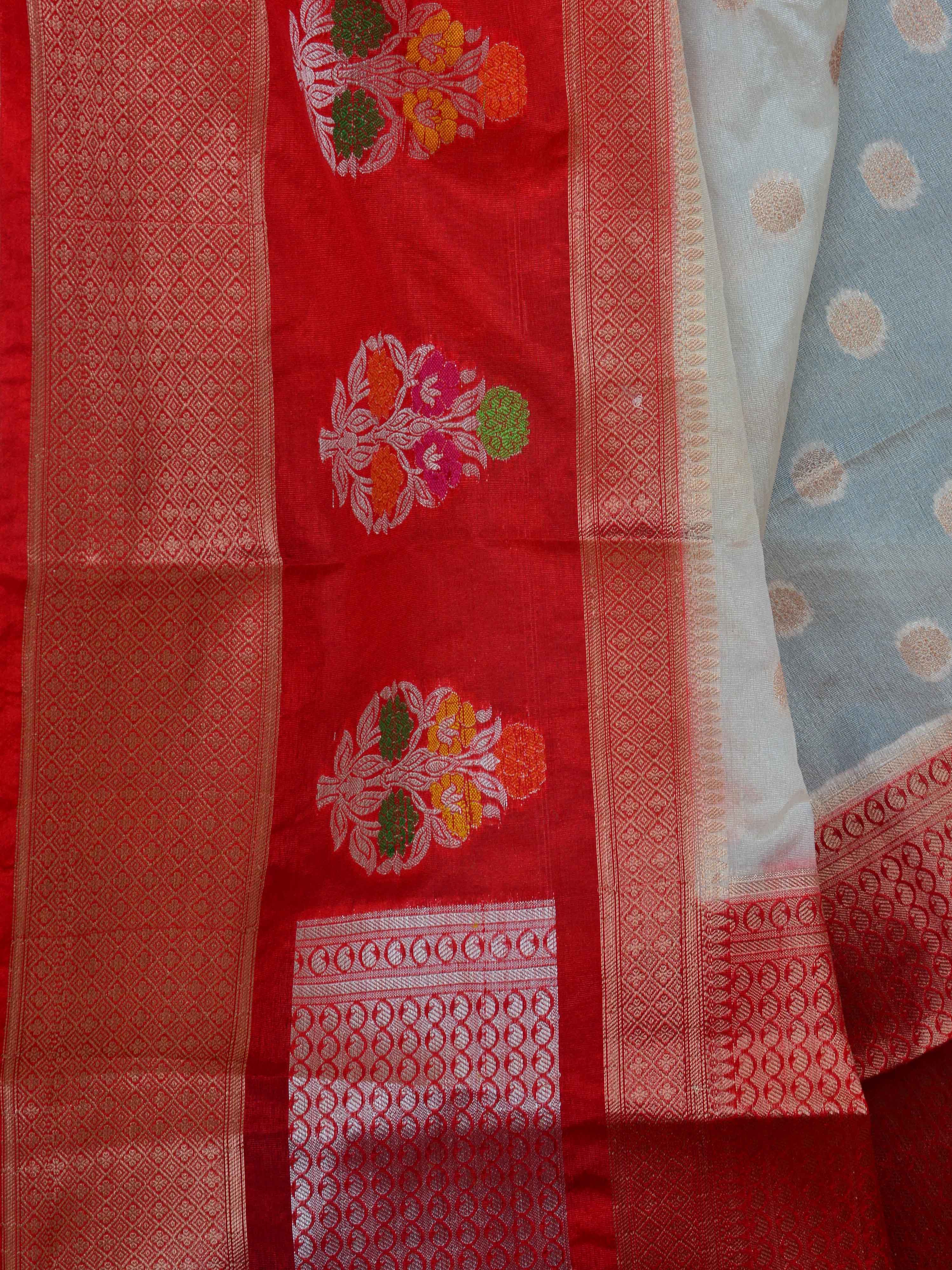 Banarasee Semi Silk Sari With Meena Border & Buti Design -Off White & Red