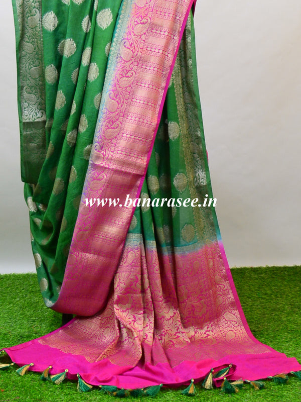 Banarasee Handwoven Semi-Chiffon Saree With Buta Design-Green With Pink