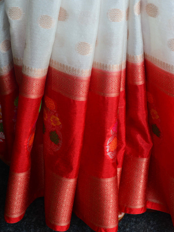 Banarasee Semi Silk Sari With Meena Border & Buti Design -Off White & Red