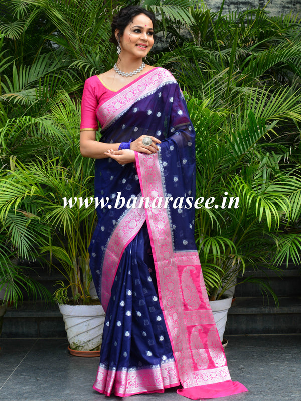 Banarasee Handwoven Semi-Chiffon Saree With Silver Zari Buti Design & Contrast Border-Blue