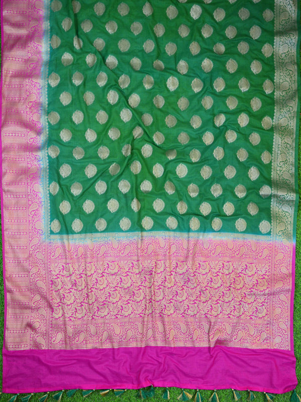 Banarasee Handwoven Semi-Chiffon Saree With Buta Design-Green With Pink