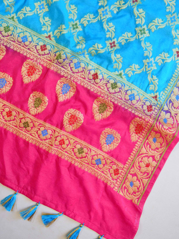 Banarasee Salwar Kameez Glossy Semi Silk Fabric-Pink & Blue