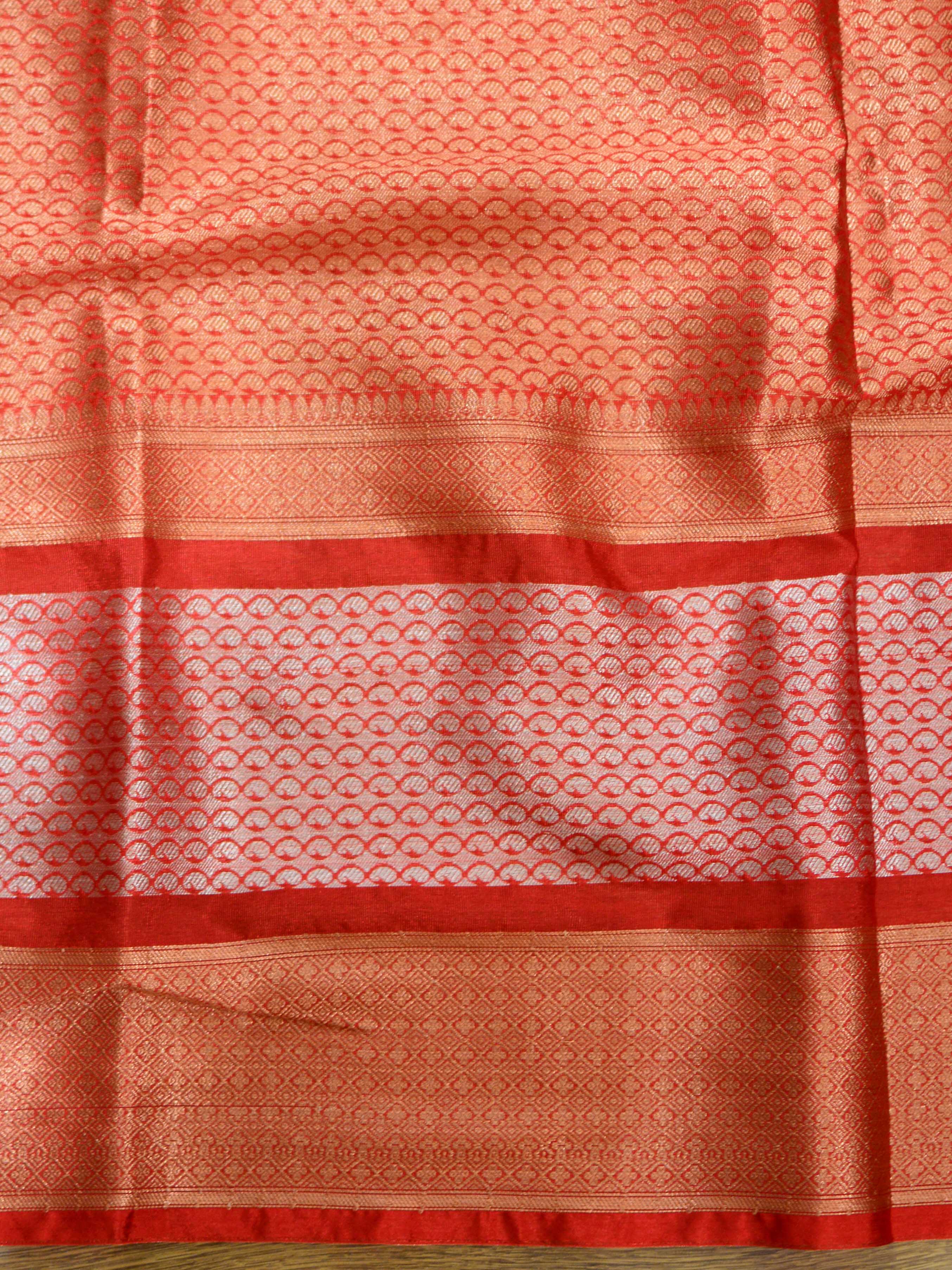Banarasee Semi Silk Sari With Meena Border & Buti Design -Off White & Red