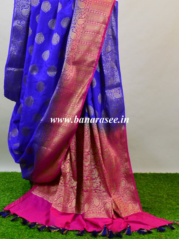 Banarasee Handwoven Semi-Chiffon Saree With Buta Design-Blue With Pink