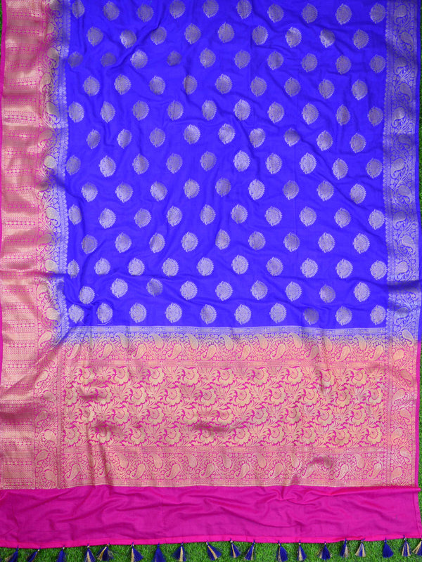 Banarasee Handwoven Semi-Chiffon Saree With Buta Design-Blue With Pink