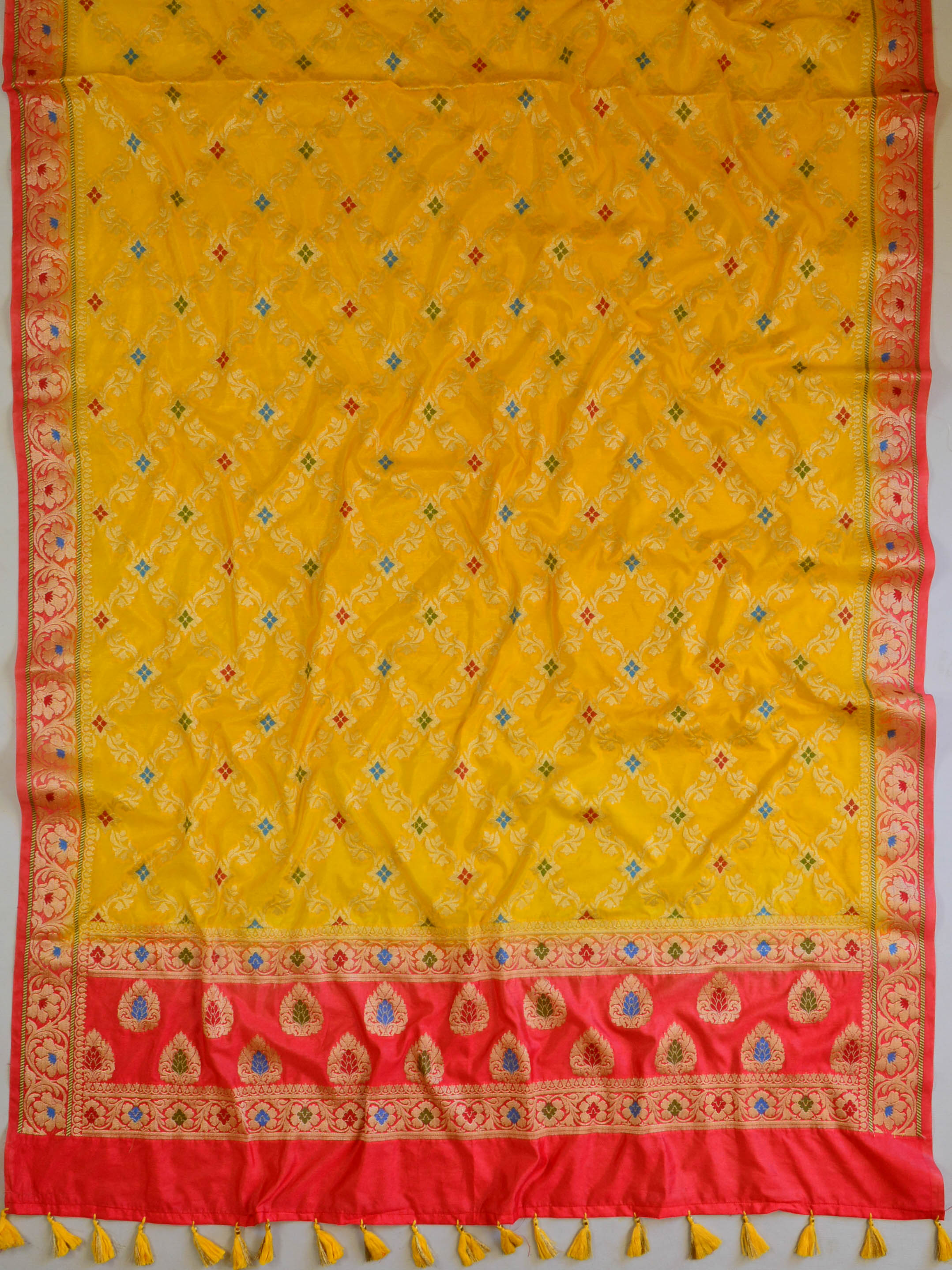 Banarasee Salwar Kameez Glossy Semi Silk Fabric-Yellow & Red