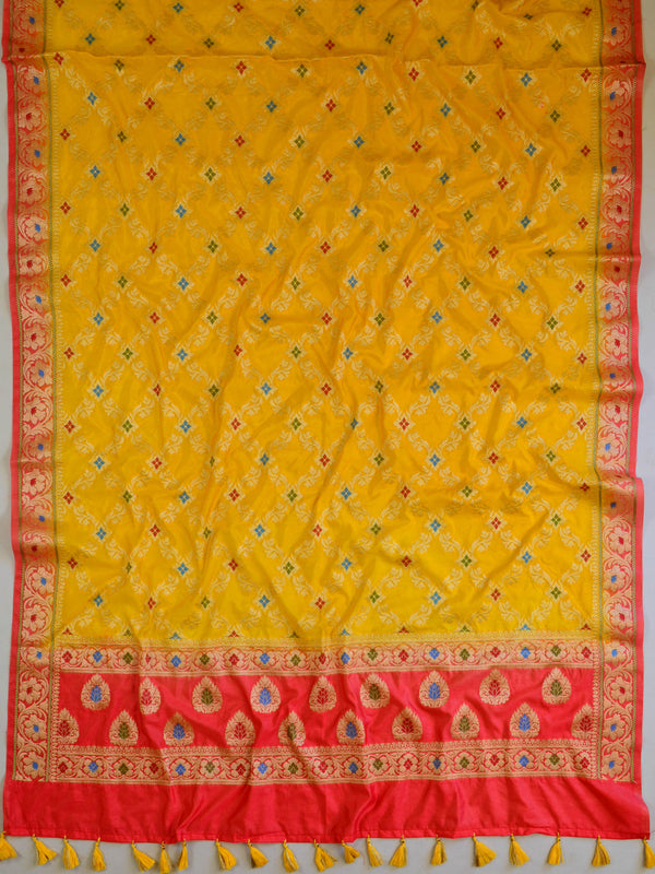 Banarasee Salwar Kameez Glossy Semi Silk Fabric-Yellow & Red