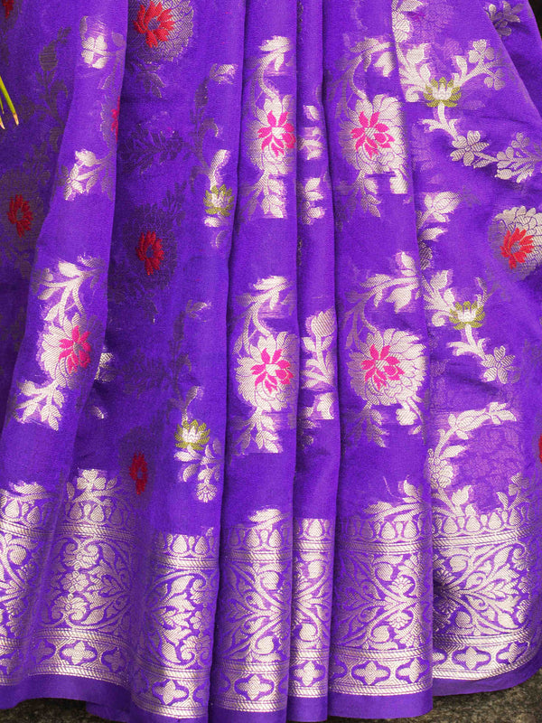 Banarasee Handwoven Semi-Chiffon Saree With Jaal Design & Floral Border-Purple
