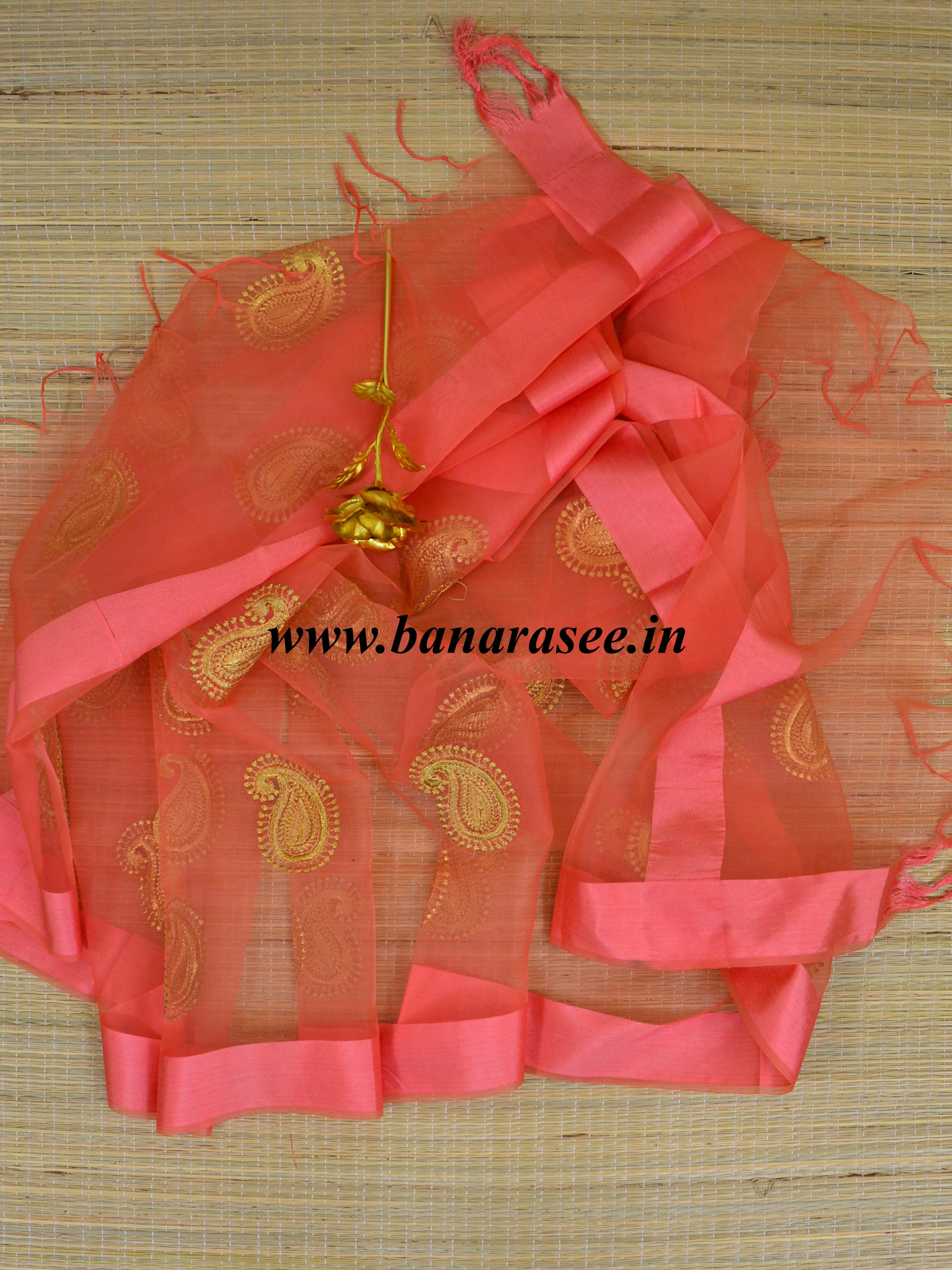 Banarasee Embroidered Gold Buta Design Organza Dupatta-Peach