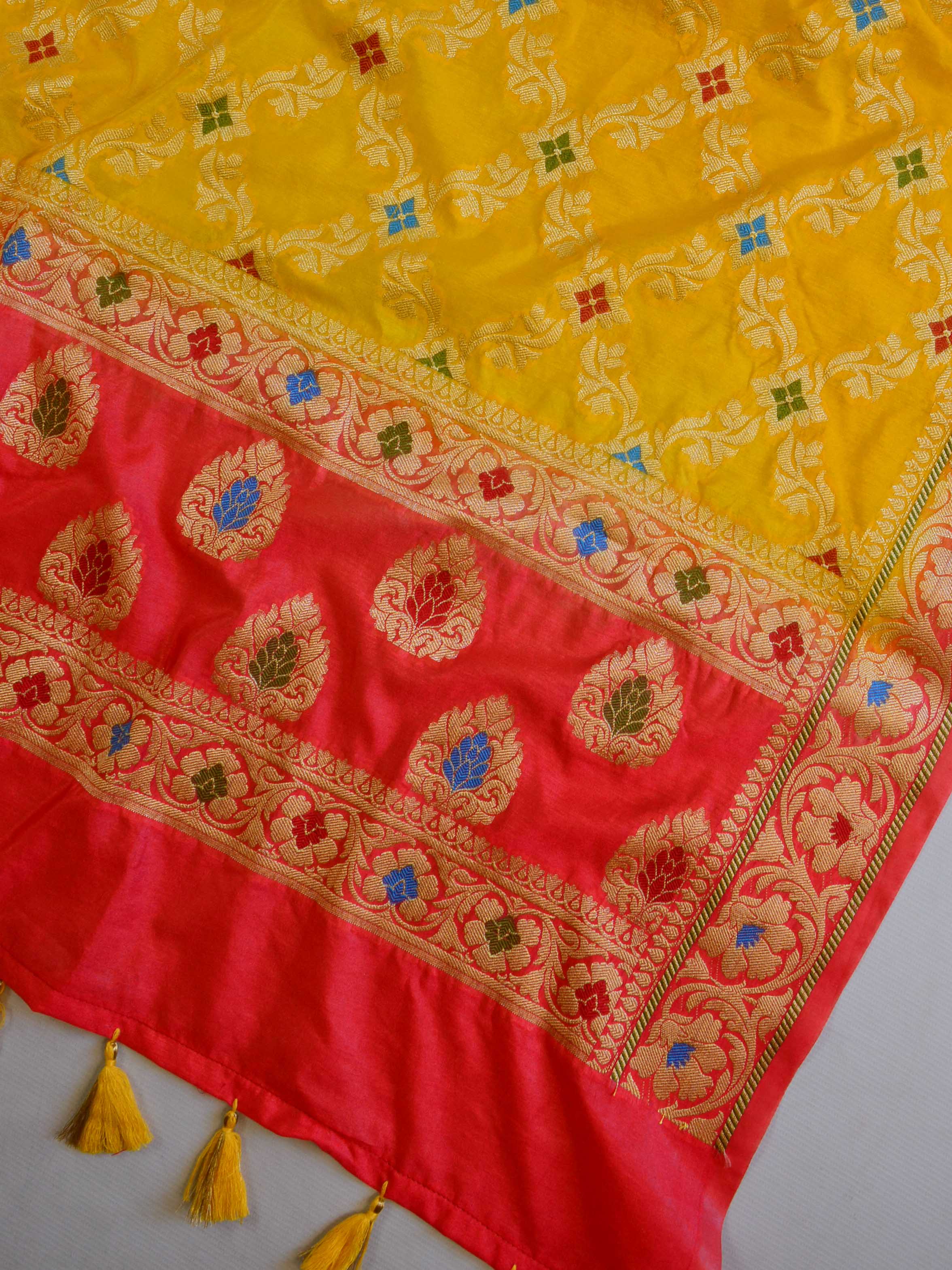 Banarasee Salwar Kameez Glossy Semi Silk Fabric-Yellow & Red