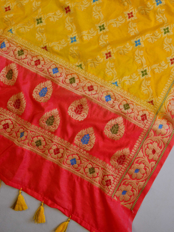 Banarasee Salwar Kameez Glossy Semi Silk Fabric-Yellow & Red