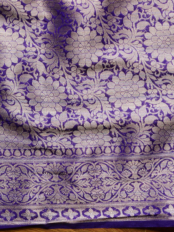 Banarasee Handwoven Semi-Chiffon Saree With Jaal Design & Floral Border-Purple