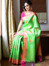 Banarasee Kora Muslin Saree With Self-Weaving Jaal Design & Contrast Border-Green & Pink