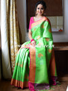 Banarasee Kora Muslin Saree With Self-Weaving Jaal Design & Contrast Border-Green & Pink