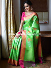 Banarasee Kora Muslin Saree With Self-Weaving Jaal Design & Contrast Border-Green & Pink