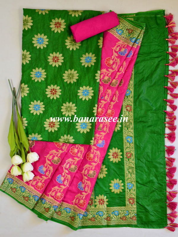 Banarasee Salwar Kameez Glossy Semi Silk Fabric-Green & Pink