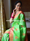Banarasee Kora Muslin Saree With Self-Weaving Jaal Design & Contrast Border-Green & Pink