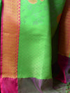 Banarasee Kora Muslin Saree With Self-Weaving Jaal Design & Contrast Border-Green & Pink