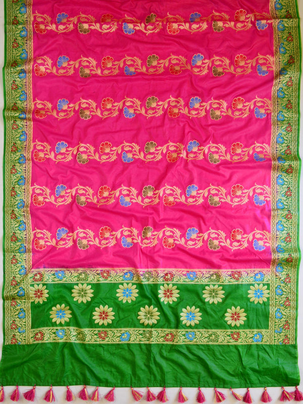 Banarasee Salwar Kameez Glossy Semi Silk Fabric-Green & Pink