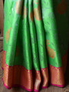 Banarasee Kora Muslin Saree With Self-Weaving Jaal Design & Contrast Border-Green & Pink