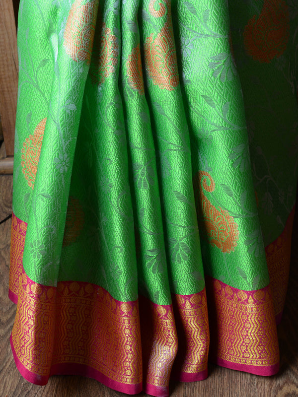 Banarasee Kora Muslin Saree With Self-Weaving Jaal Design & Contrast Border-Green & Pink