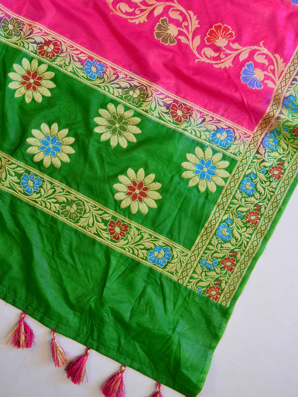Banarasee Salwar Kameez Glossy Semi Silk Fabric-Green & Pink