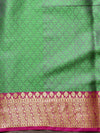 Banarasee Kora Muslin Saree With Self-Weaving Jaal Design & Contrast Border-Green & Pink