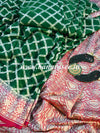 Banarasee Pure Khaddi Chiffon Silk Sari With Jaal Design & Contrast Border-Deep Green & Red