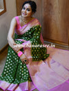 Banarasee Handwoven Semi-Chiffon Saree With Zari Buti & Contrast Border-Olive Green