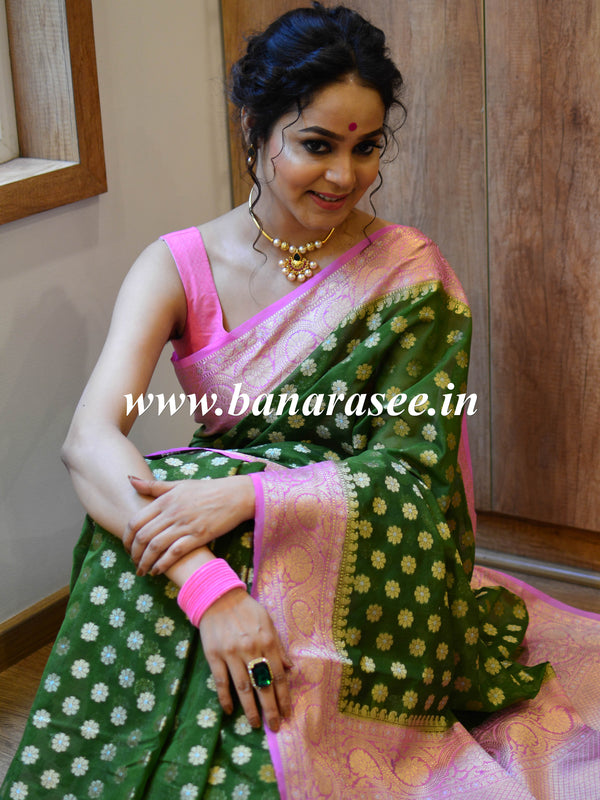Banarasee Handwoven Semi-Chiffon Saree With Zari Buti & Contrast Border-Olive Green