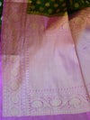 Banarasee Handwoven Semi-Chiffon Saree With Zari Buti & Contrast Border-Olive Green