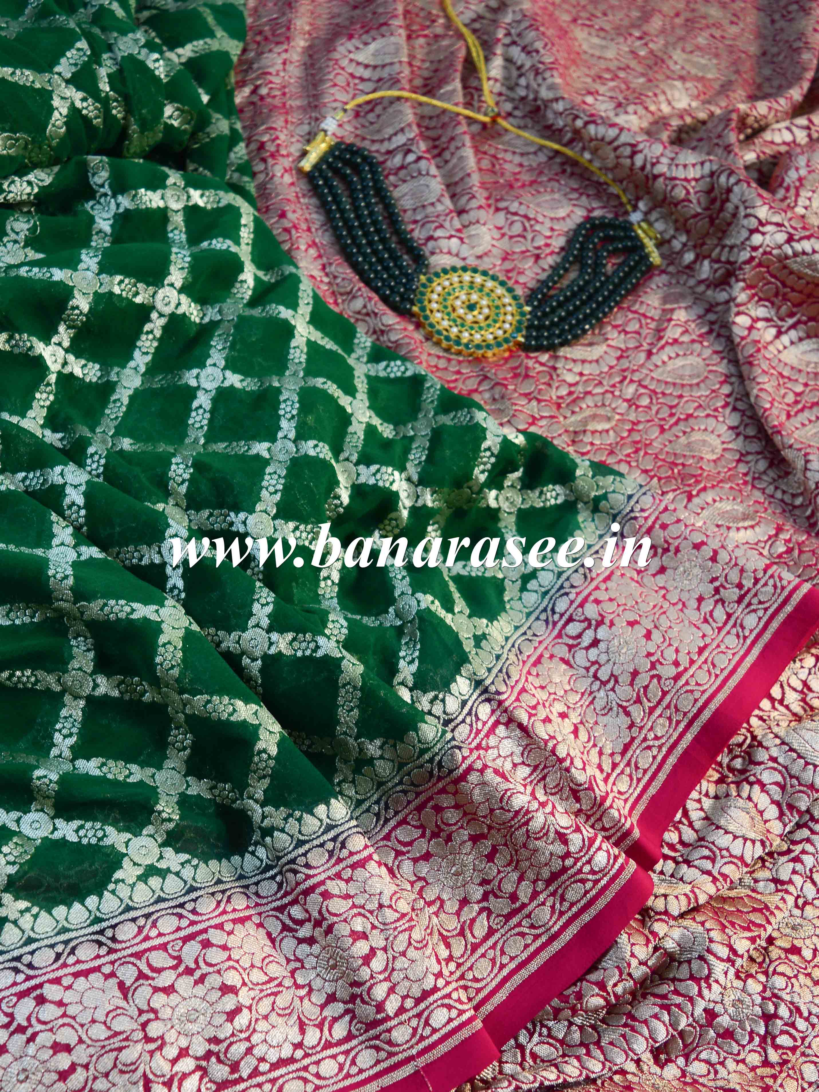 Banarasee Pure Khaddi Chiffon Silk Sari With Jaal Design & Contrast Border-Deep Green & Red