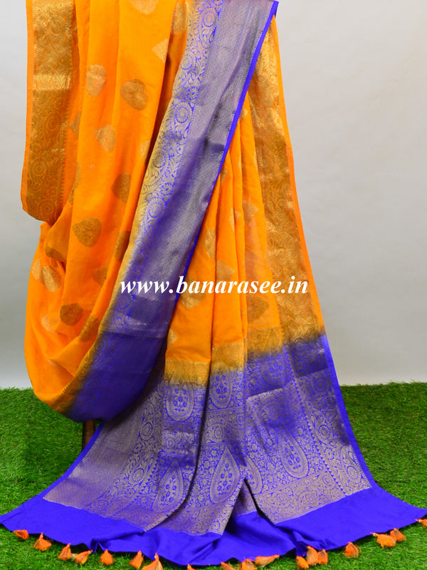 Banarasee Handwoven Semi-Chiffon Saree With Buta Design-Yellow With Blue