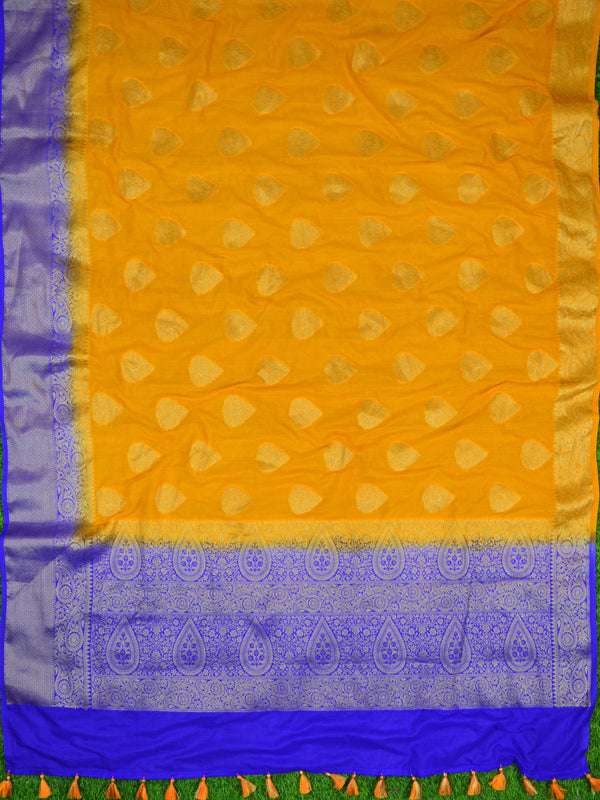 Banarasee Handwoven Semi-Chiffon Saree With Buta Design-Yellow With Blue