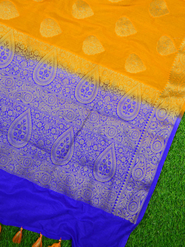 Banarasee Handwoven Semi-Chiffon Saree With Buta Design-Yellow With Blue
