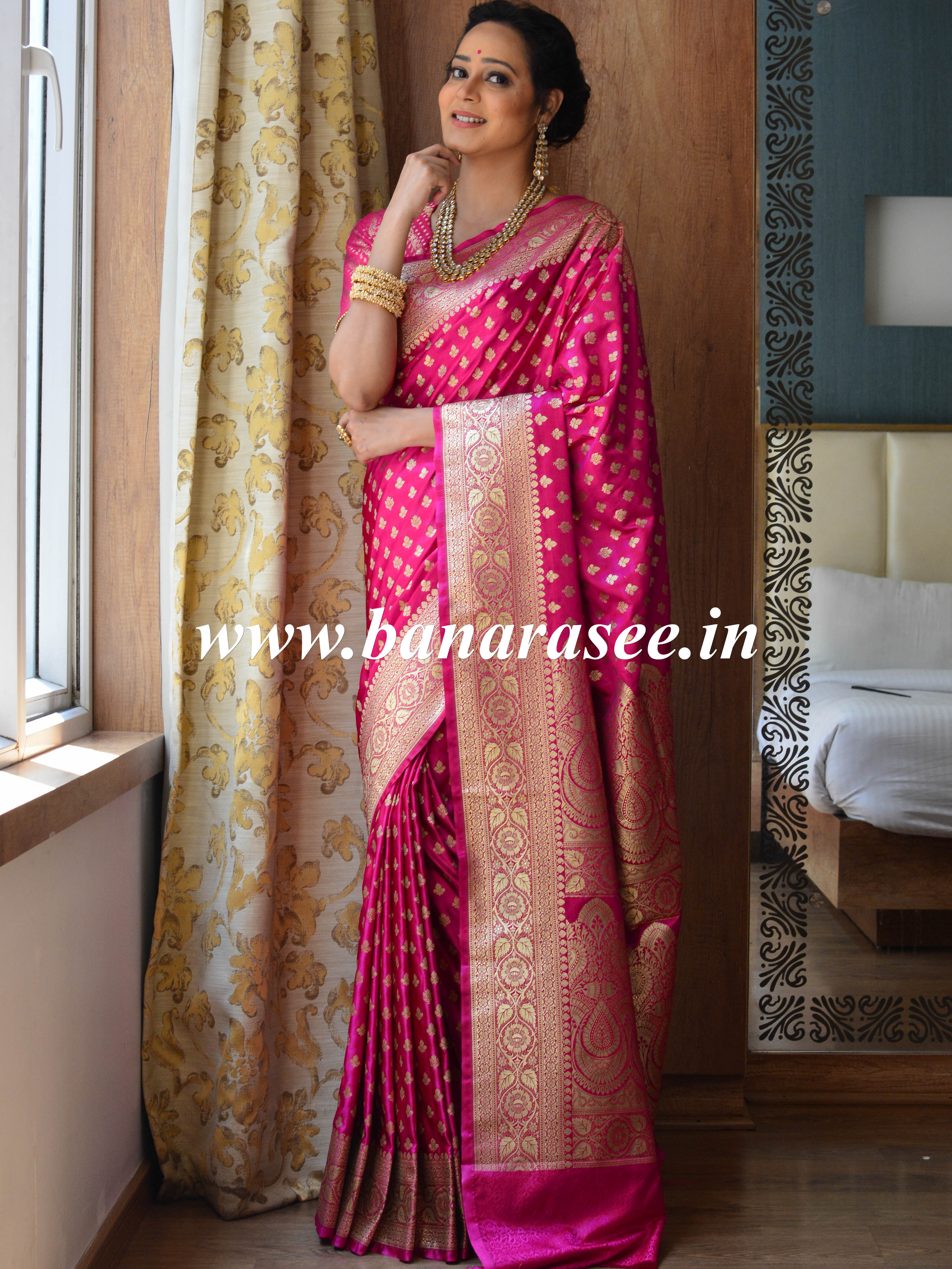Banarasee Handwoven Satin Silk Gold Zari Buti Weaving Saree-Pink