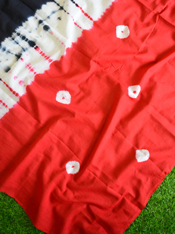 Handloom Mul Cotton Hand Shibori Saree-Red & Black