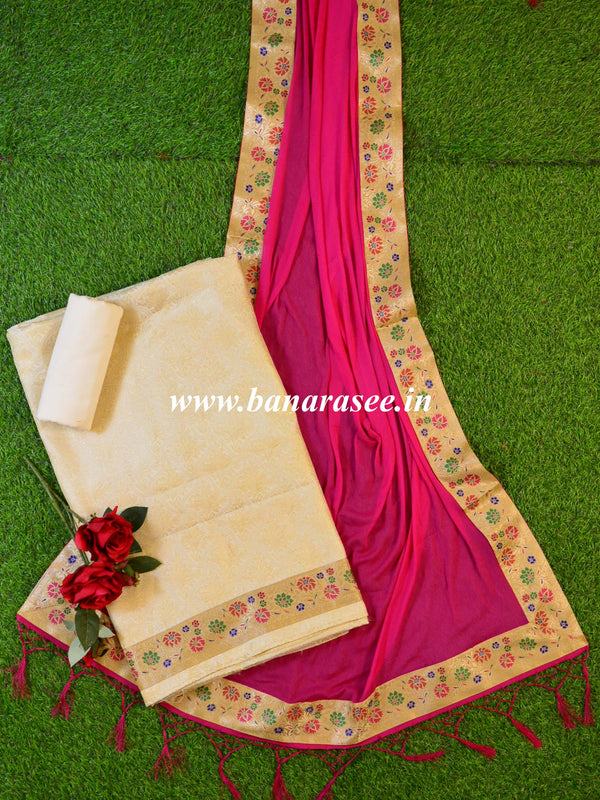 Banarasee Satin Brocade Salwar Kameez Fabric With Chiffon Dupatta-White & Pink