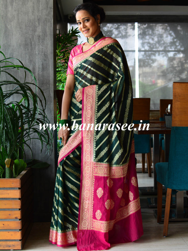 Banarasee Handwoven Semi-Chiffon Saree With Stripes Design & Border-Green & Pink