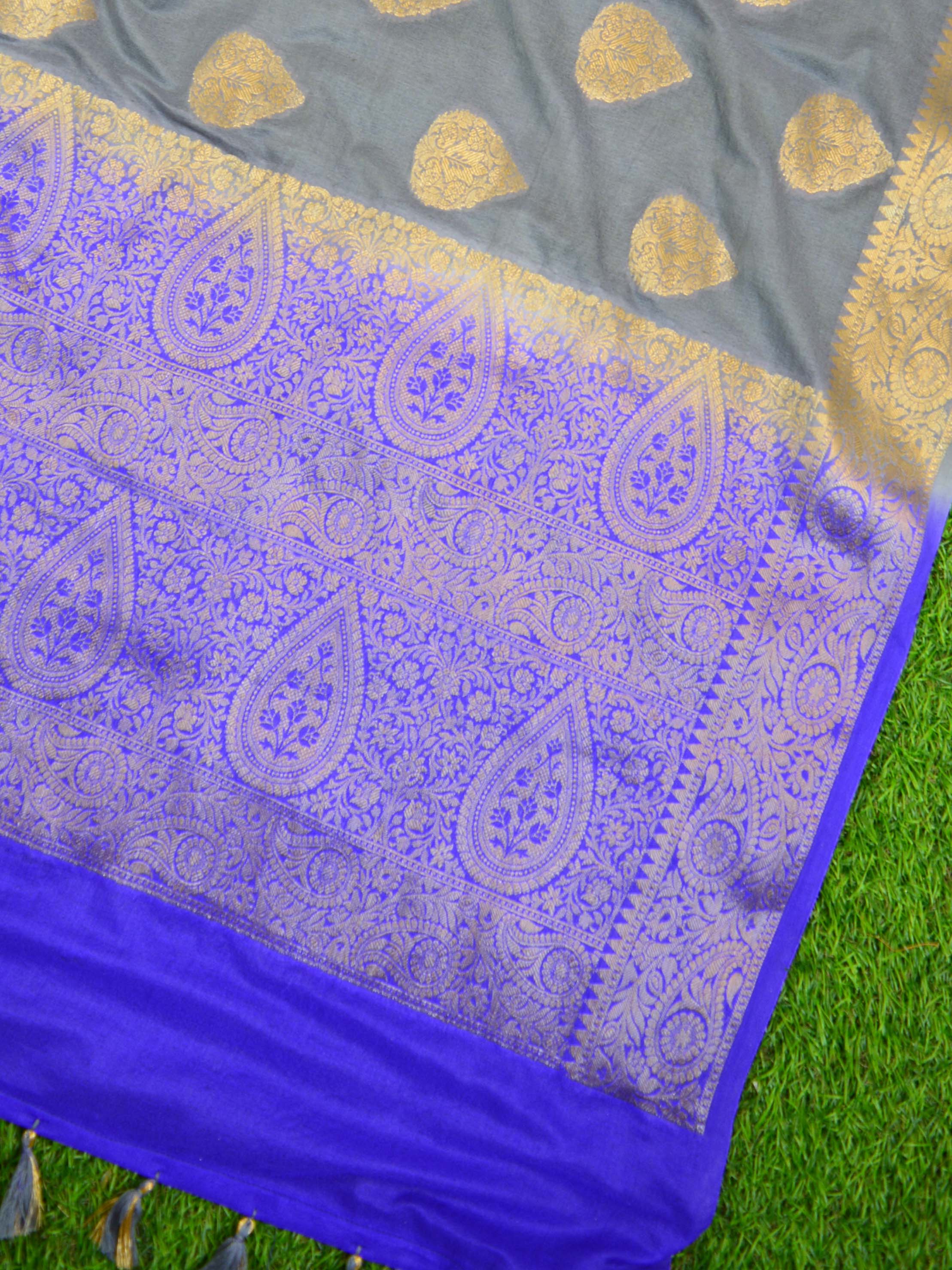 Banarasee Handwoven Semi-Chiffon Sari With Buta Design-Gray With Blue
