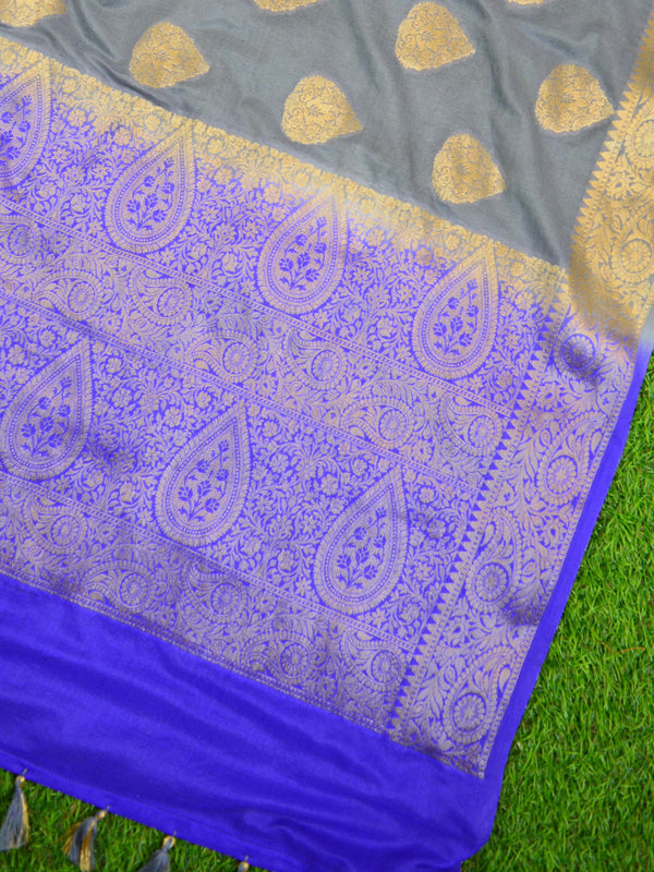 Banarasee Handwoven Semi-Chiffon Sari With Buta Design-Gray With Blue
