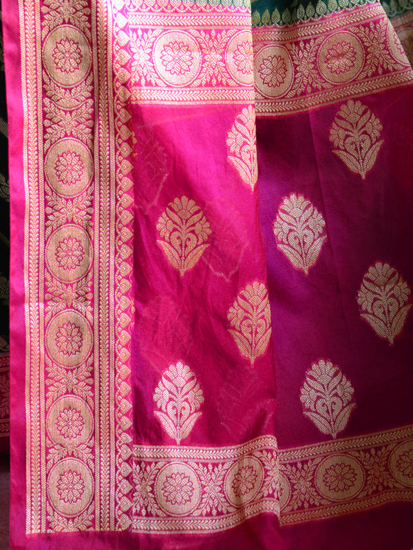 Banarasee Handwoven Semi-Chiffon Saree With Stripes Design & Border-Green & Pink