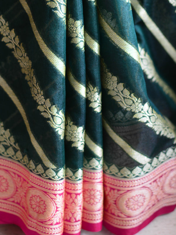 Banarasee Handwoven Semi-Chiffon Saree With Stripes Design & Border-Green & Pink