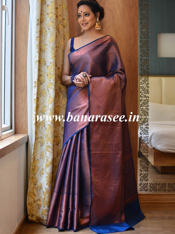 Banarasee Handwoven Semi Silk Saree With Copper Zari Design-Blue