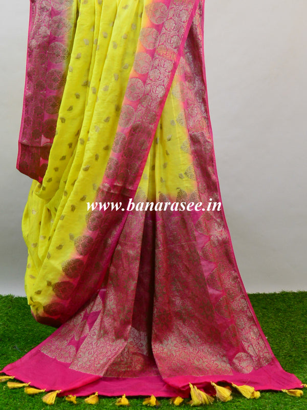 Banarasee Handwoven Semi-Chiffon Sari With Buta Design-Yellow With Pink