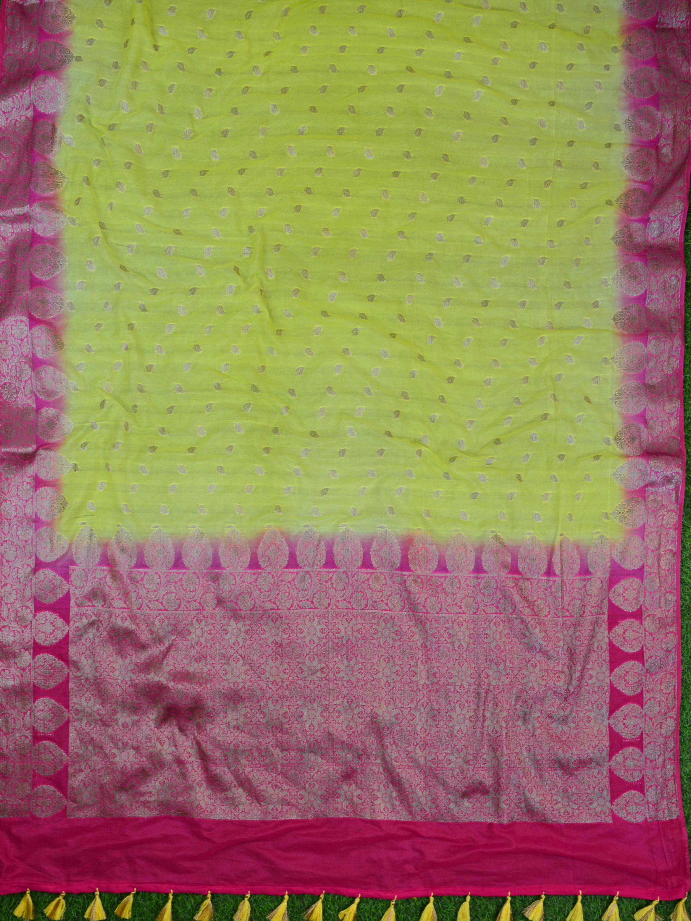 Banarasee Handwoven Semi-Chiffon Sari With Buta Design-Yellow With Pink