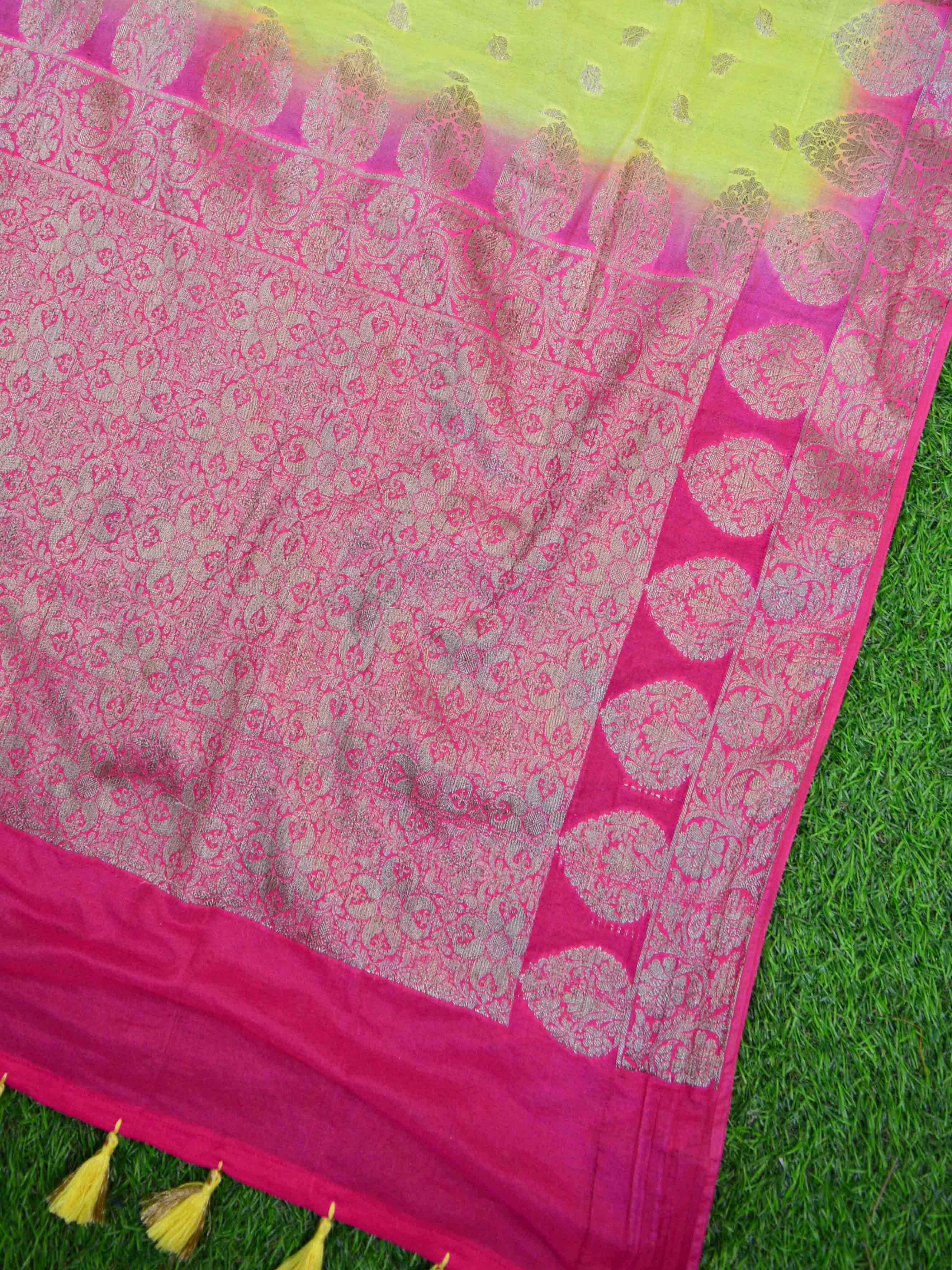 Banarasee Handwoven Semi-Chiffon Sari With Buta Design-Yellow With Pink