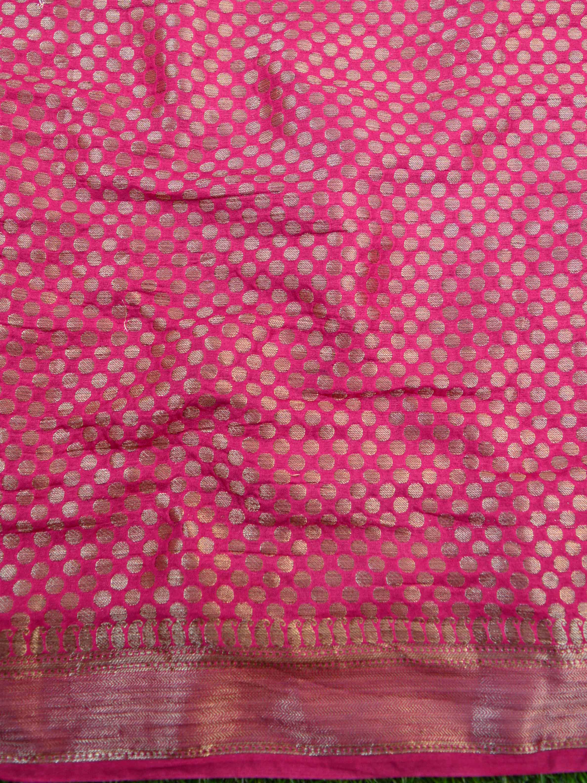 Banarasee Handwoven Semi-Chiffon Sari With Buta Design-Yellow With Pink